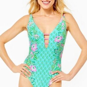 Lilly Pulitzer Turquoise Floral One Piece Swimsuit Jansen 14